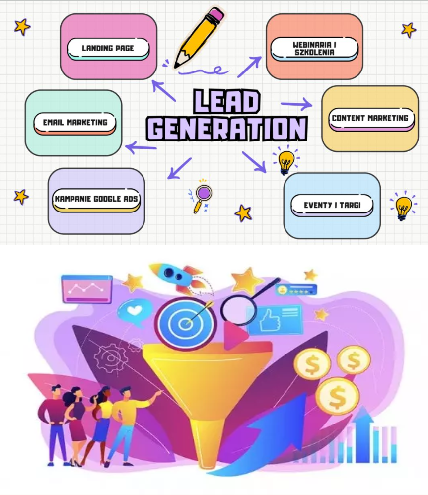 collage showing lead generation phases and tools of attracting leads to sales process